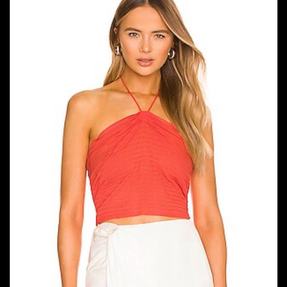 NWT 525 America Revolve Tube Top Cropped Halter Neck Stretch Knit‎ Papaya Small